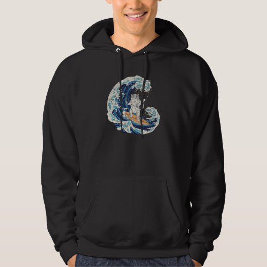 Japanese Cat Surfing a Wave Beach Ocean Sea Cool R Hoodie (Voorkant)