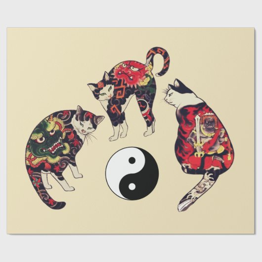 JAPANESE CATS, DRAGON RED DEVIL TATTOOS, YIN YANG CADEAUPAPIER (Vlak)