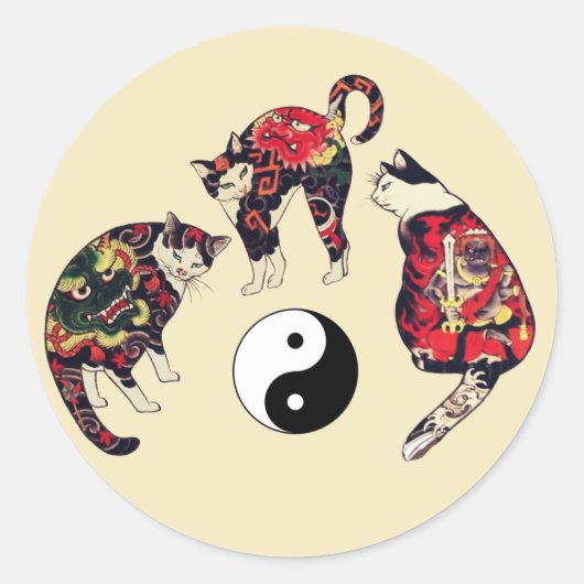 JAPANESE CATS, DRAGON RED DEVIL TATTOOS, YIN YANG RONDE STICKER (Voorkant)