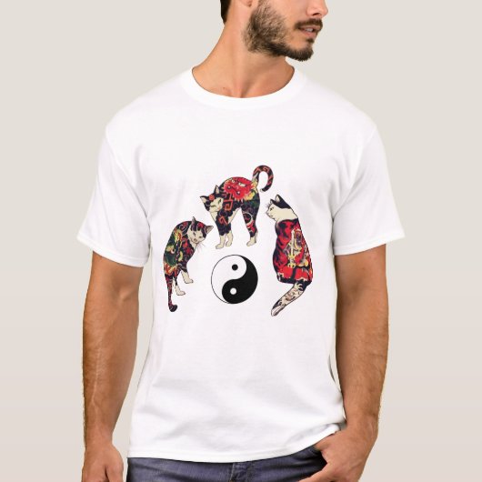 JAPANESE CATS, DRAGON RED DEVIL TATTOOS, YIN YANG T-SHIRT (Voorkant)