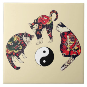 JAPANESE CATS, DRAGON RED DEVIL TATTOOS, YIN YANG TEGELTJE