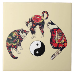 JAPANESE CATS, DRAGON RED DEVIL TATTOOS, YIN YANG TEGELTJE