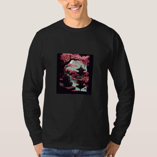 Japanese Cherry blossom garden with monk praying t T-shirt (Voorkant)