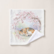 Japanese Cherry Blossom & Sleeping Cat Watercolor