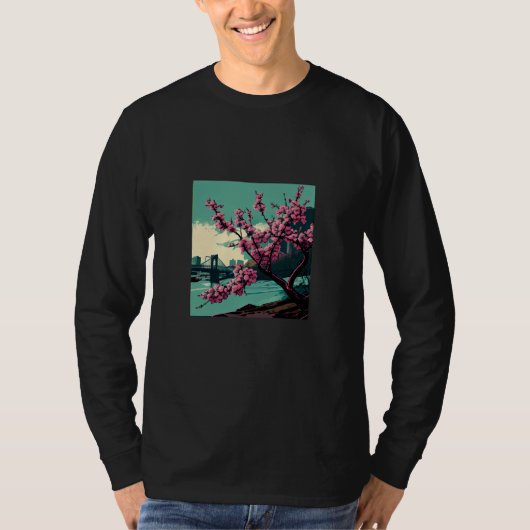 Japanese Cherry Blossom tree river suspension brid T-shirt (Voorkant)