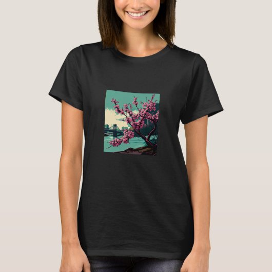 Japanese Cherry Blossom tree river suspension brid T-shirt (Voorkant)