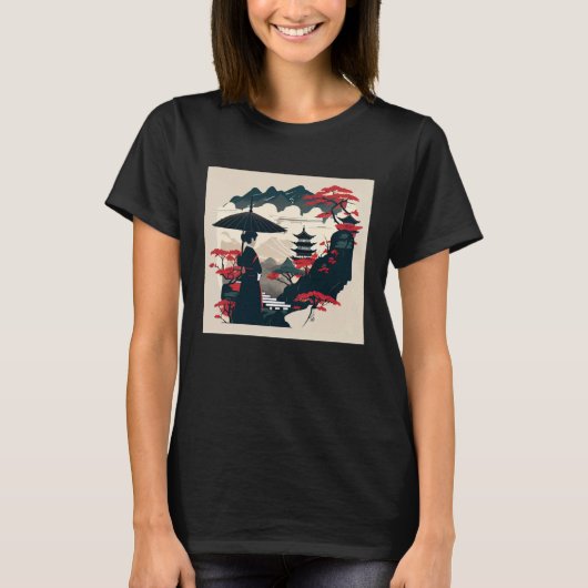 Japanese classic lady with umbrella looking at cas t-shirt (Voorkant)