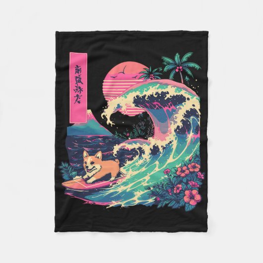 Japanese Corgi Surfing Great Wave Japan  Fleece Deken (Voorkant)