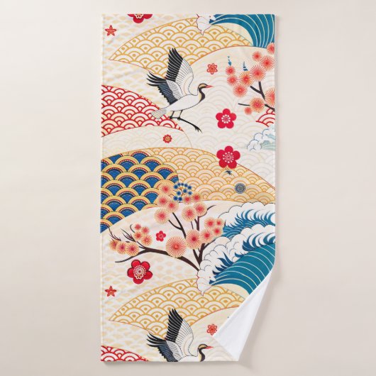 Japanese Crane and Cherry Blossom Waves Badhanddoek (Badhanddoek)