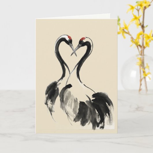 Japanese Crane Ink Wash Fine Art Card Kaart (Gele Bloem)