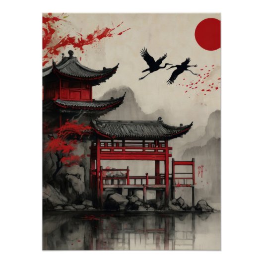 Japanese Crane Pagoda Red Sun Poster Zen Oriental (Voorkant)