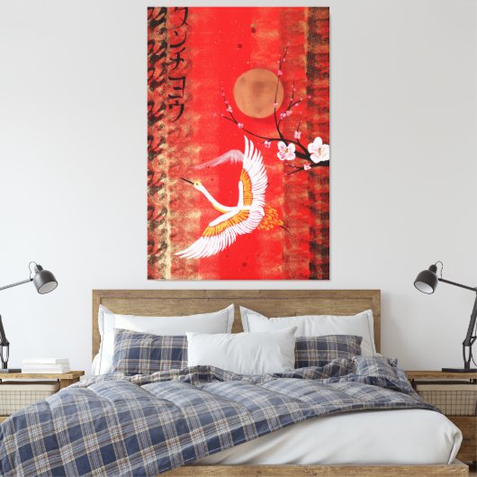 Japanese crane sun Japan sakura red Canvas Art (Insitu (Slaapkamer))