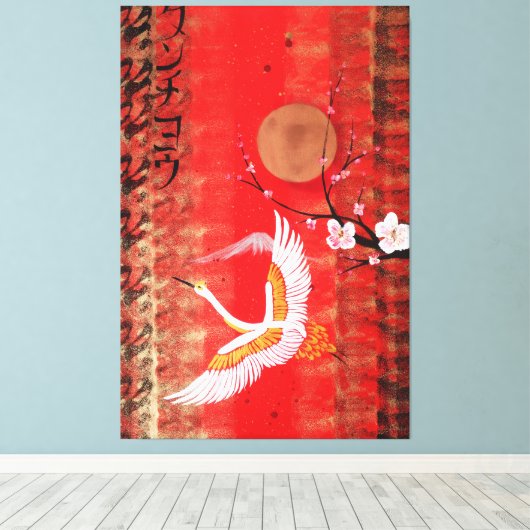 Japanese crane sun Japan sakura red Canvas Art (Insitu (Houten vloer))