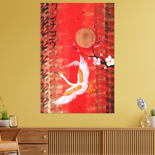 Japanese crane sun Japan sakura red Canvas Art (Insitu (Woonkamer))