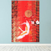 Japanese crane sun Japan sakura red Canvas Art Afdruk (Insitu (Houten vloer))