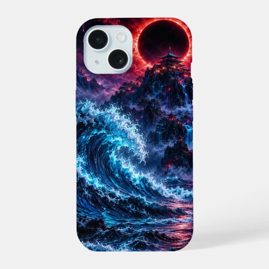 Japanese Cyberpunk Mountain Wave Eclipse Poster iPhone 15 Case (Achterkant)