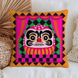 Japanese Daruma Doll on Checkered Pattern Retro Kussen