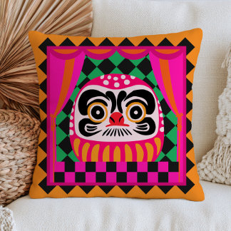 Japanese Daruma Doll on Checkered Pattern Retro Kussen