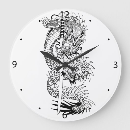 Japanese draak met katana sword large clock grote klok (Voorkant)
