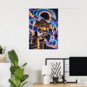 Japanese Dragon Samurai Fantasy Temple Poster (Thuiskantoor)