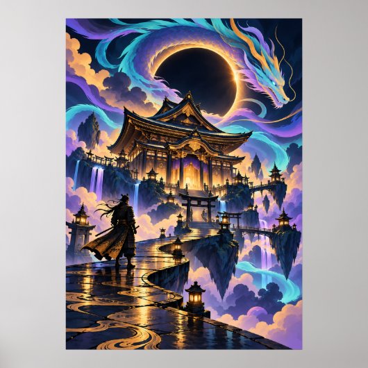 Japanese Dragon Samurai Fantasy Temple Poster (Voorkant)