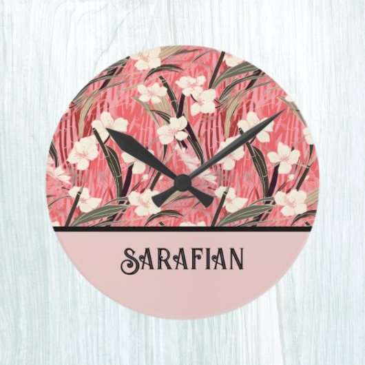 Japanese Floral in Salmon Pink White Red w Initial Ronde Klok