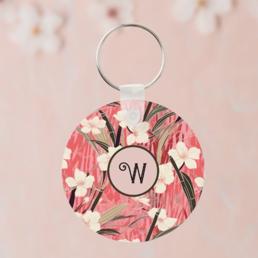 Japanese Floral in Salmon Pink White Red w Initial Sleutelhanger