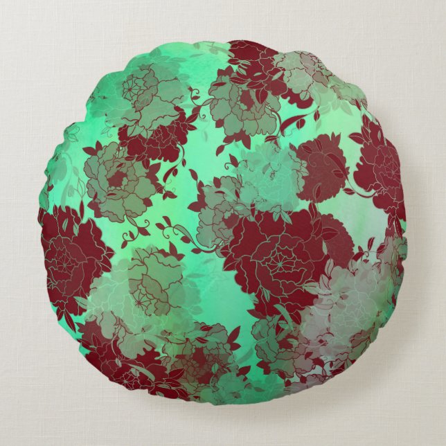 Japanese floral red patterns. rond kussen (Voorkant)