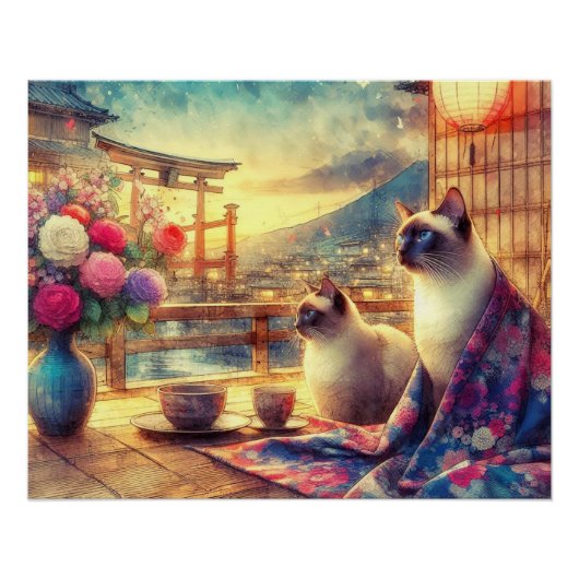 Japanese flower and siamese cat perfect poster (Voorkant)