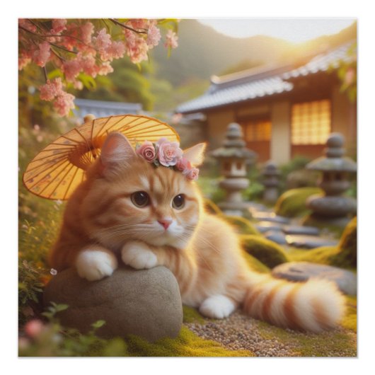 Japanese flowers and orange tabby cat perfect poster (Voorkant)