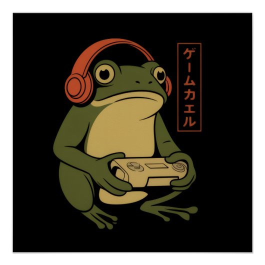 Japanese Gamer Frog Funny Vintage Gaming  Perfect Poster (Voorkant)