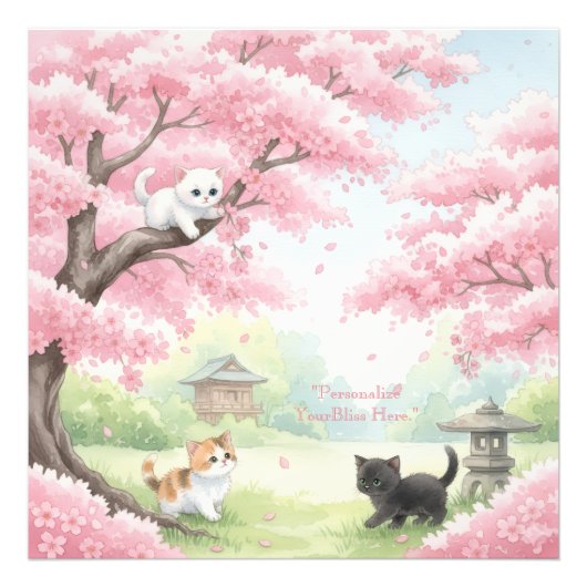 Japanese Garden Kittens & Cherry Blossoms Watercol Foto Afdruk (Voorkant)