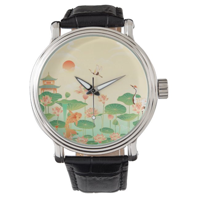 Japanese Garden Koi Pond and Waterlilies Art Horloge (Voorkant)