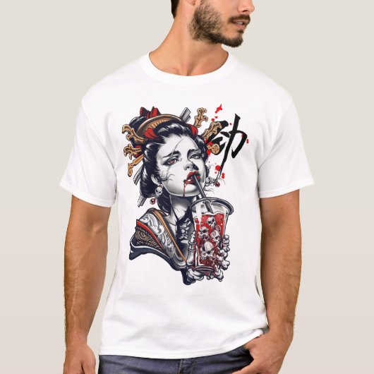 Japanese Geisha Girl Vaporwave Cyberpunk Popart T-shirt (Voorkant)