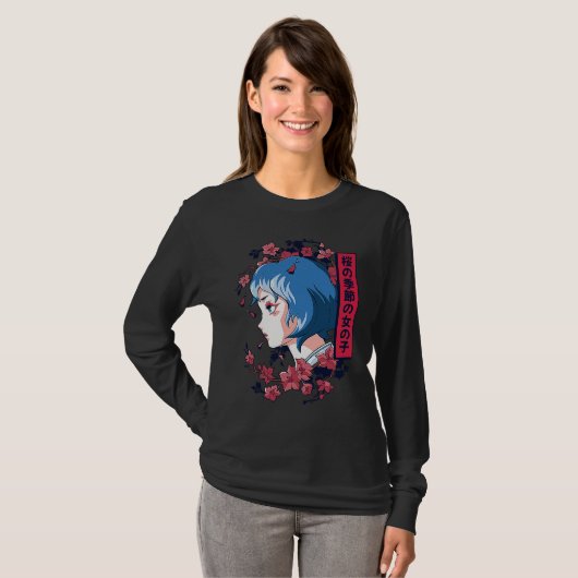 Japanese girl with cherry blossoms sakura Japanese T-shirt (Voorkant volledig)
