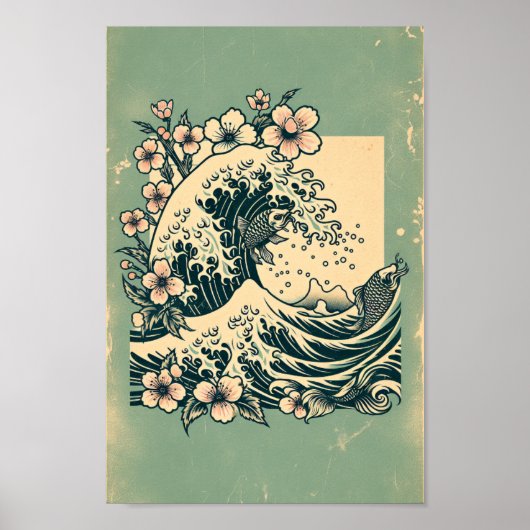 Japanese Great Wave Koi Fish & Cherry Blossom Art Poster (Voorkant)