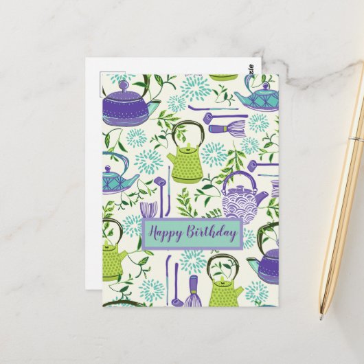 Japanese Green Teapot Design Briefkaart (Voorkant / Achterkant in situ)