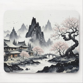 Japanese Ink Wash Landscape Mouse Pad - Zen Sakura Muismat