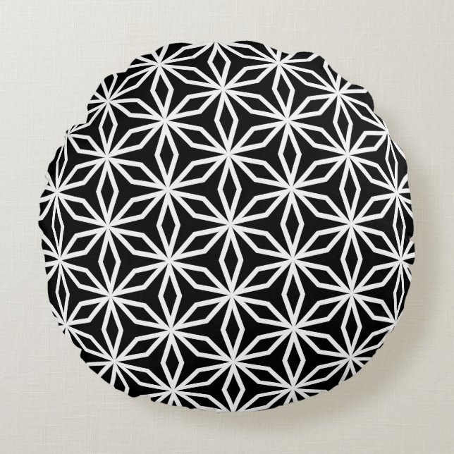 Japanese-Inspired Geometric Black and White  Rond Kussen (Voorkant)