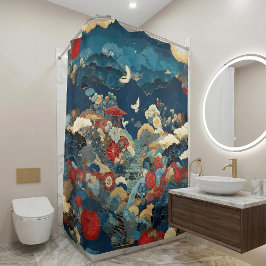 Japanese Inspired Luxury Bathroom Floral Art Douchegordijn