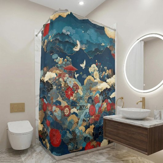Japanese Inspired Luxury Bathroom Floral Art Douchegordijn