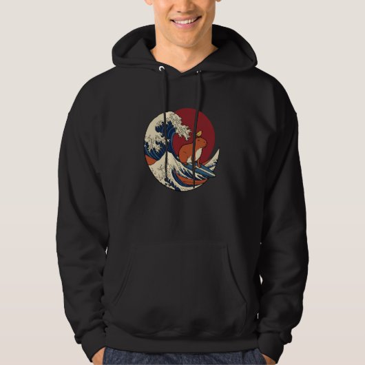 Japanese Kanagawa Wave Capybara Surfing Kawaii Hoodie (Voorkant)