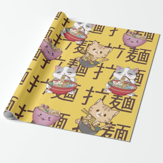 Japanese Kawaii Anime Cat Ramen Noodles Cadeaupapier (Uitgerold)