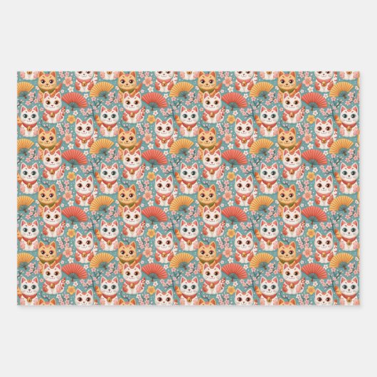 Japanese Kawaii Cats with Cherry Blossoms Birthday Inpakpapier Vel (Voorkant 3)