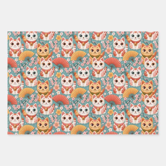 Japanese Kawaii Cats with Cherry Blossoms Birthday Inpakpapier Vel (Voorkant 2)