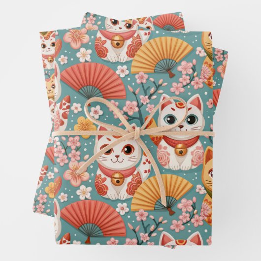 Japanese Kawaii Cats with Cherry Blossoms Birthday Inpakpapier Vel (In situ)