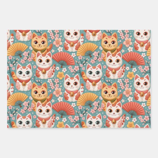 Japanese Kawaii Cats with Cherry Blossoms Birthday Inpakpapier Vel (Voorkant)