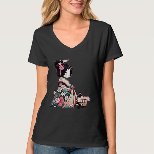 Japanese Lady Geisha with cherry blossoms T-shirt (Voorkant)