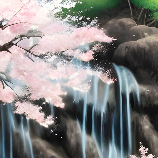 Japanese Landscape Cherry Blossoms And Waterfall Poster