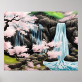 Japanese Landscape Cherry Blossoms And Waterfall Poster (Voorkant)
